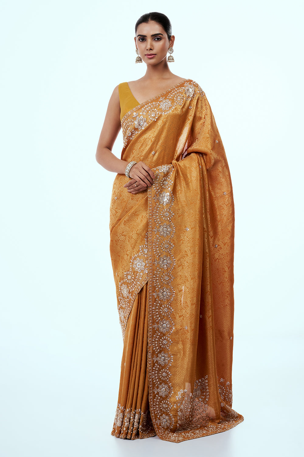 Mustard Brocade Silk Embellished Saree with Bead Work