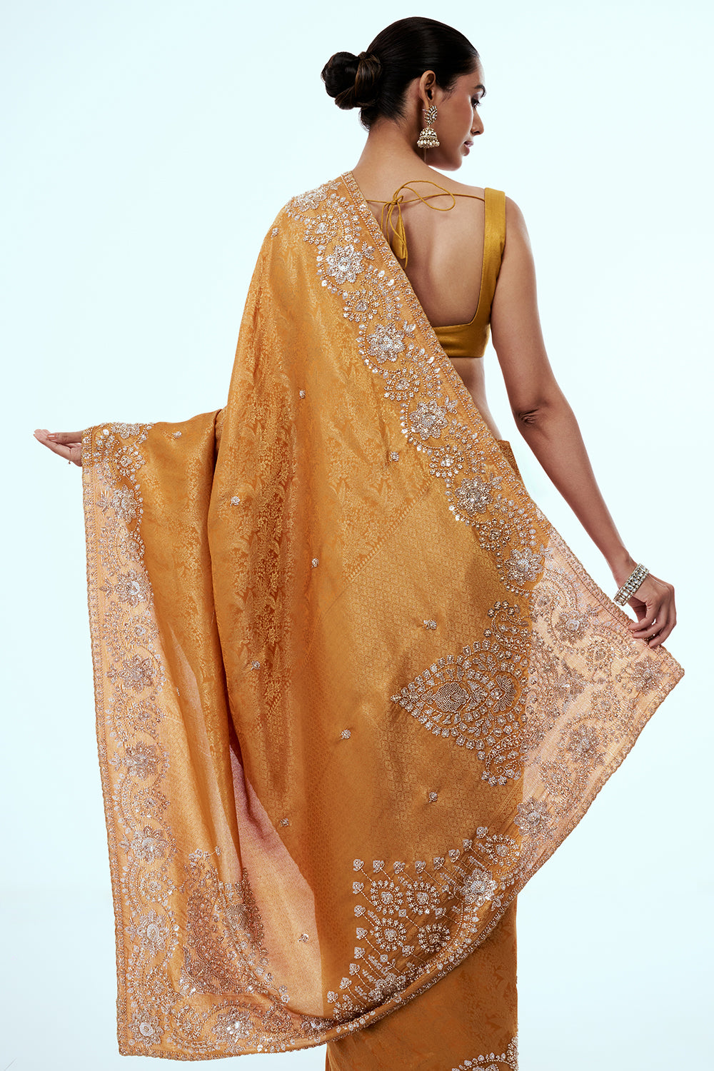 Mustard Brocade Silk Embellished Saree with Bead Work