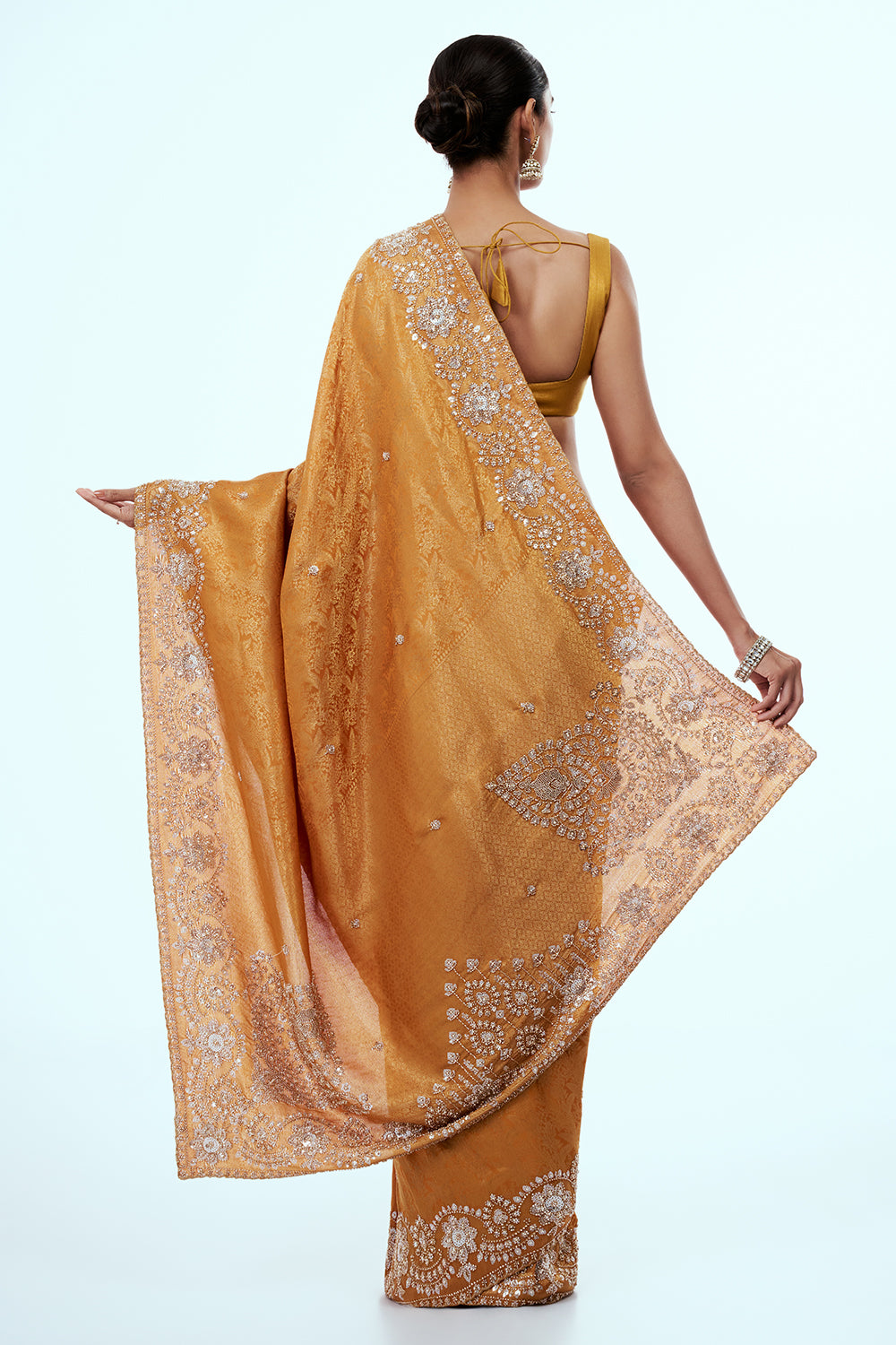 Mustard Brocade Silk Embellished Saree with Bead Work