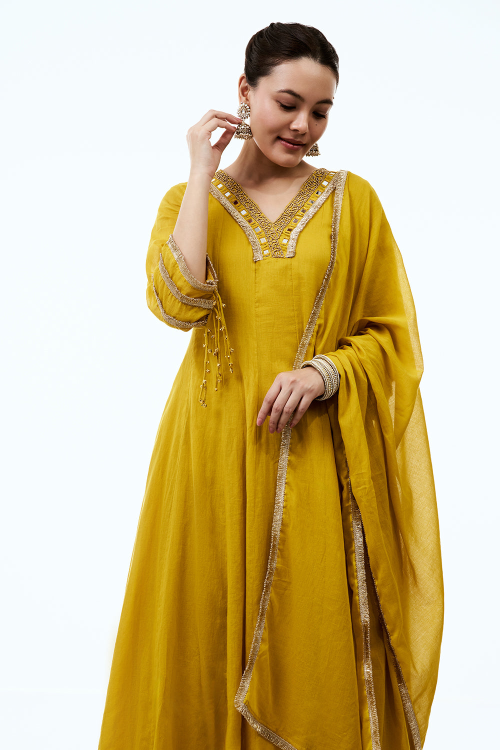 Mustard Chanderi Semi Anarkali Set with Moti and Mirror Work