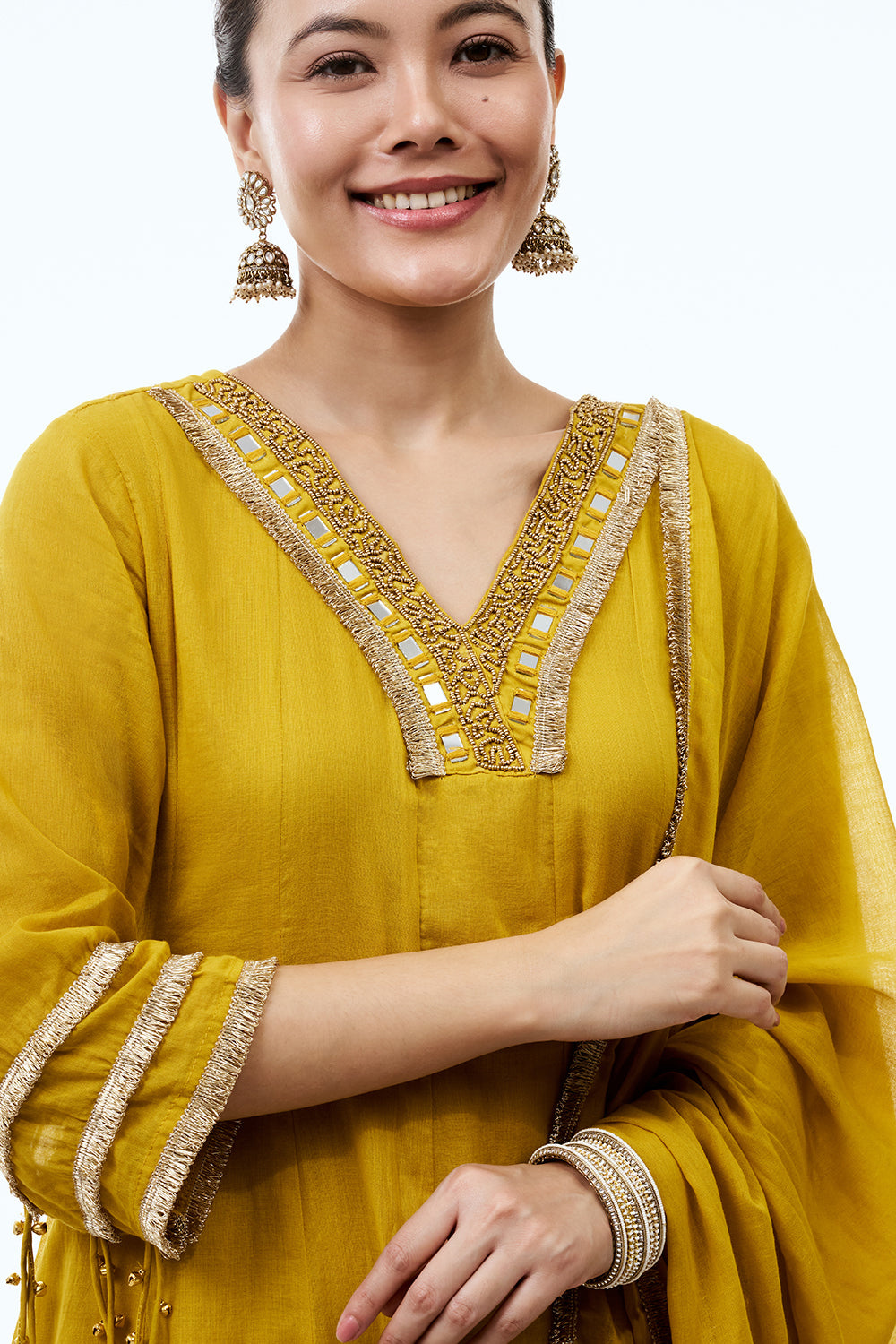 Mustard Chanderi Semi Anarkali Set with Moti and Mirror Work