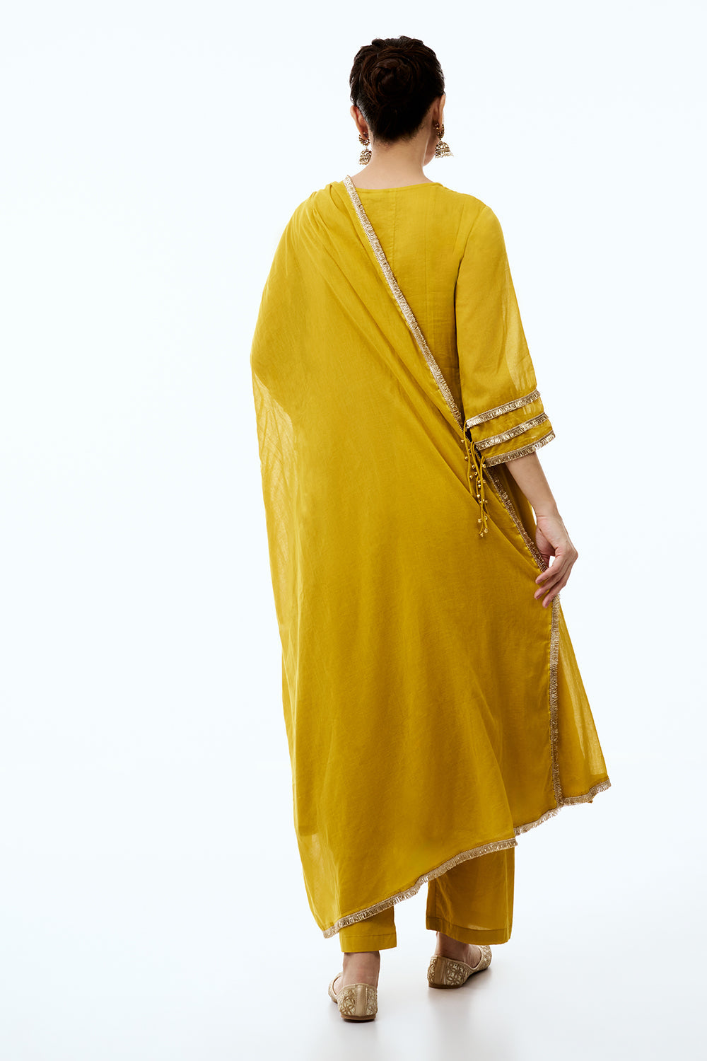 Mustard Chanderi Semi Anarkali Set with Moti and Mirror Work