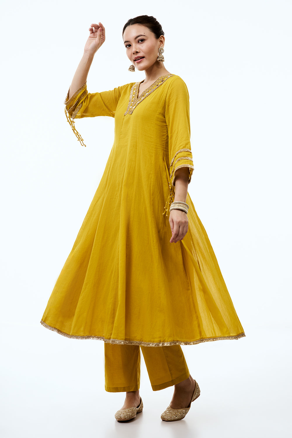 Mustard Chanderi Semi Anarkali Set with Moti and Mirror Work