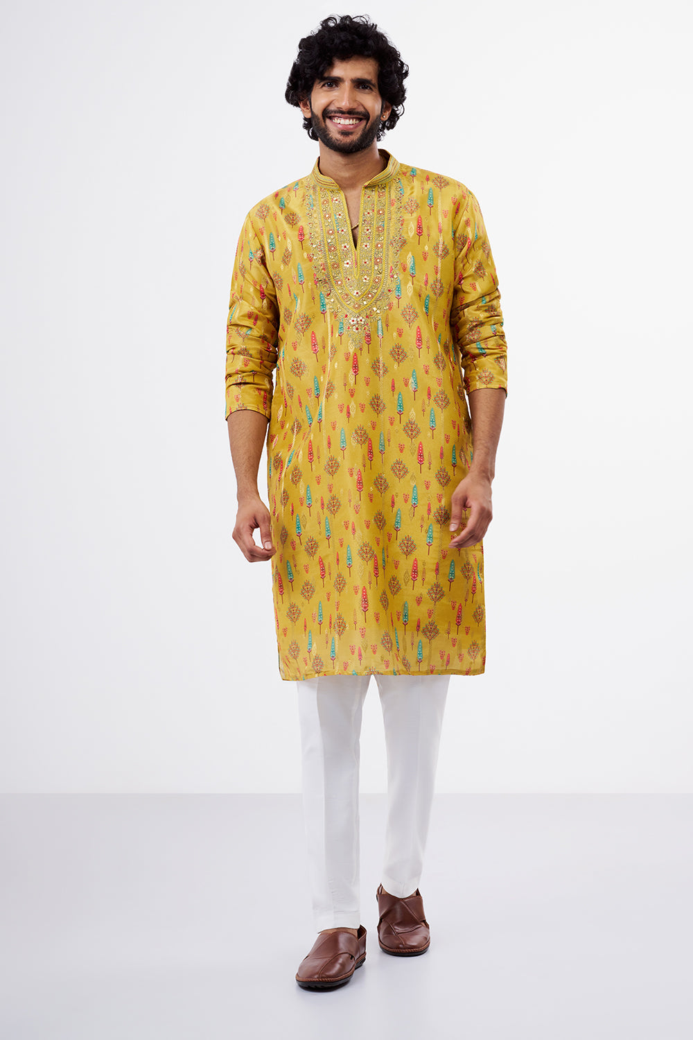 Mustard Printed Tissue Silk Men's Kurta Set