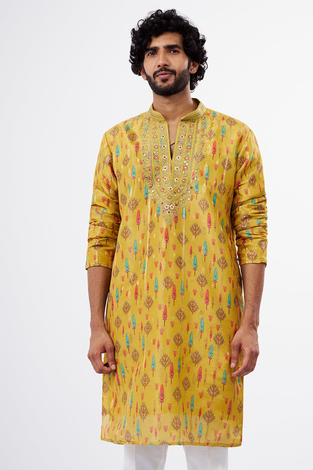Mustard Printed Tissue Silk Men's Kurta Set