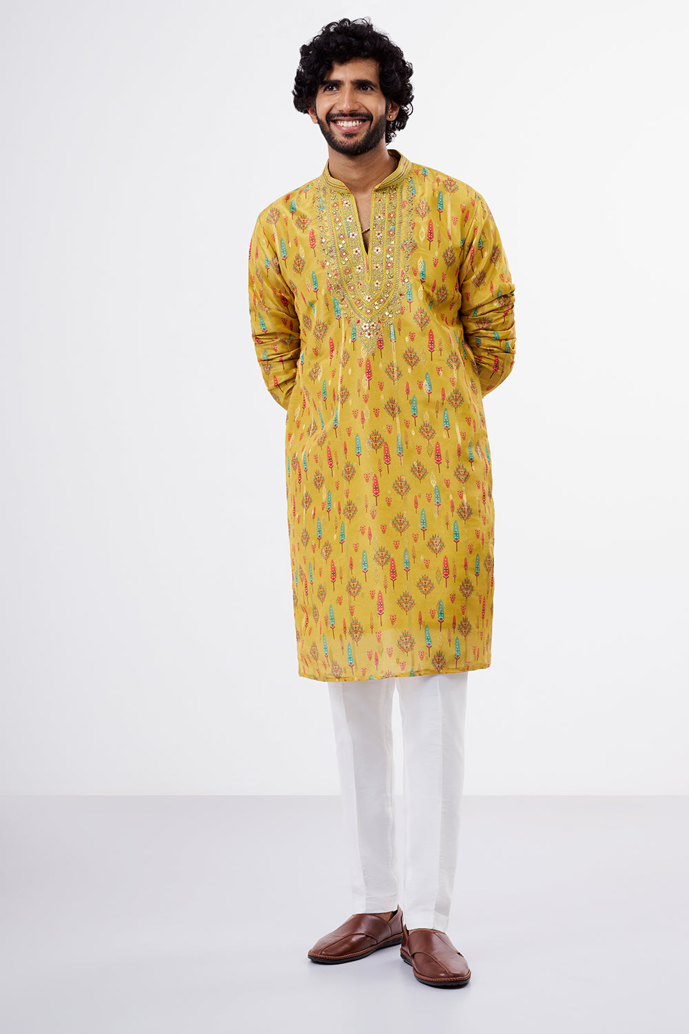 Mustard Printed Tissue Silk Men's Kurta Set