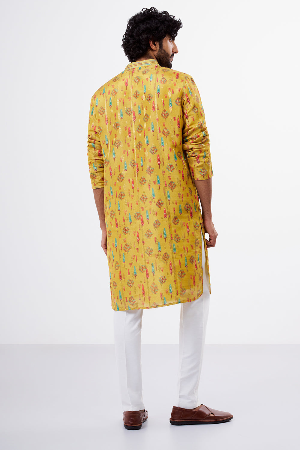 Mustard Printed Tissue Silk Men's Kurta Set