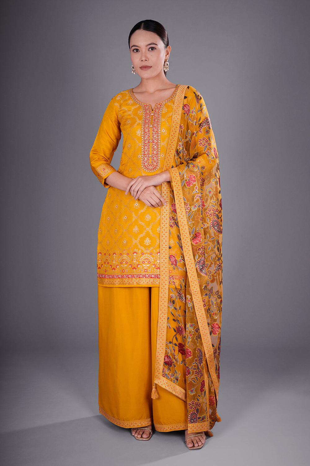 Mustard Pure Silk Banarasi Kurta Set with Resham Embroidery