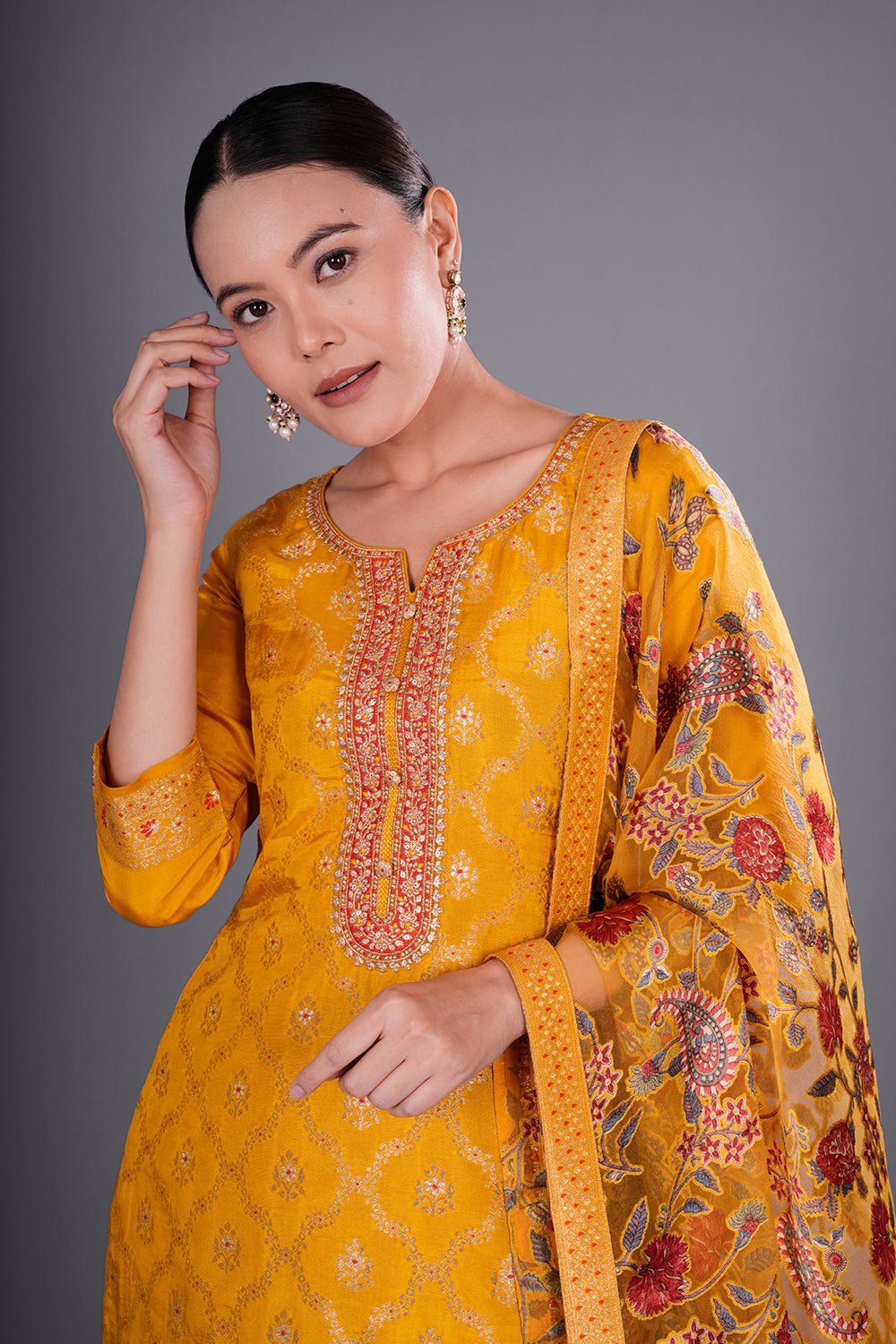 Mustard Pure Silk Banarasi Kurta Set with Resham Embroidery
