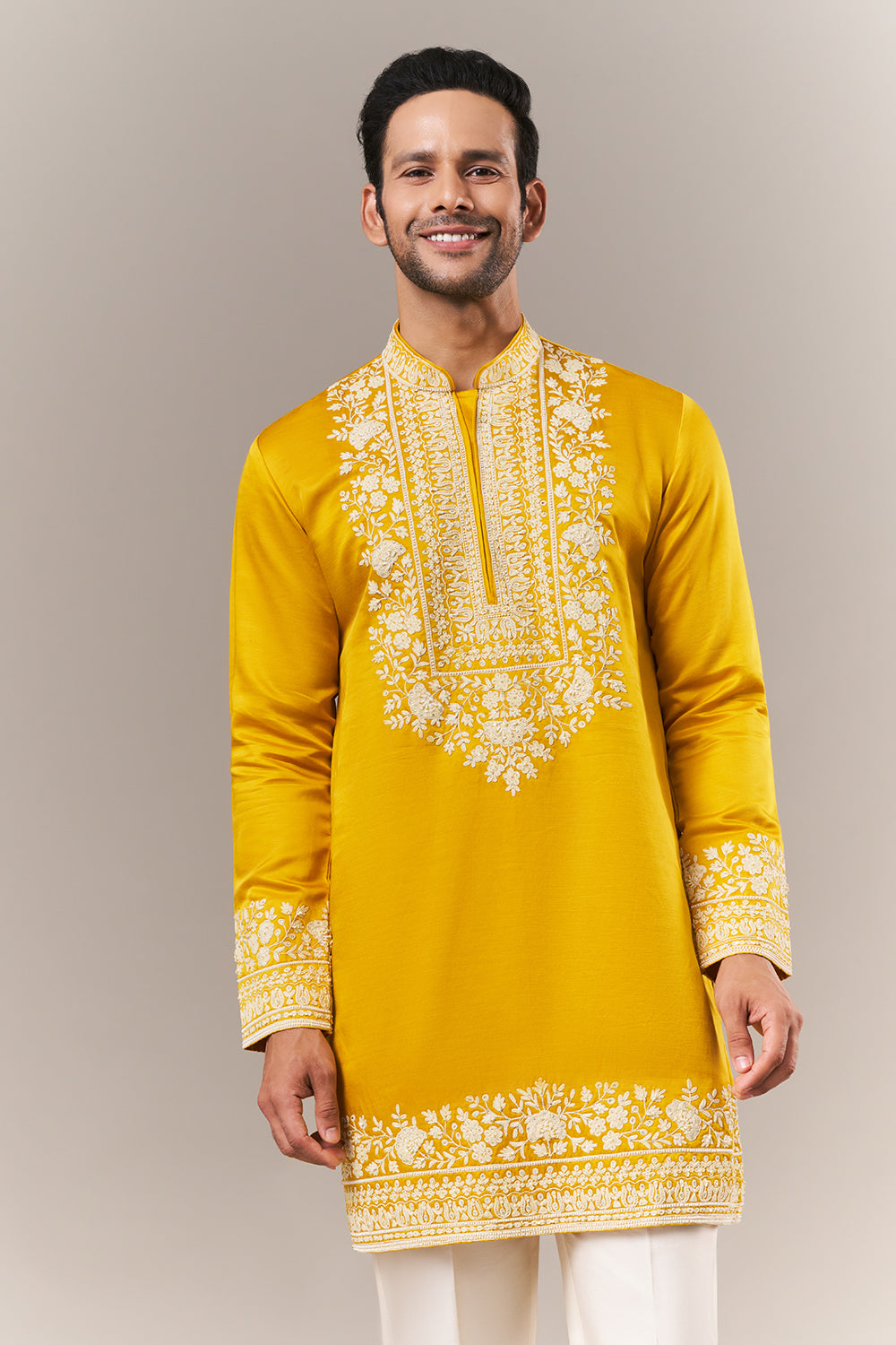 Mustard Satin Mens Kurta Set with Dori and Pearls Work