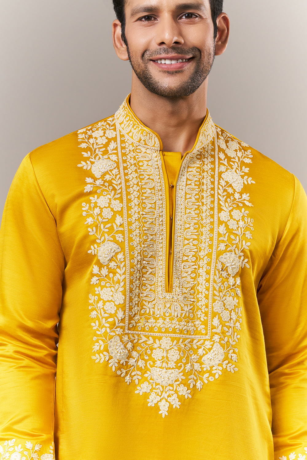 Mustard Satin Mens Kurta Set with Dori and Pearls Work