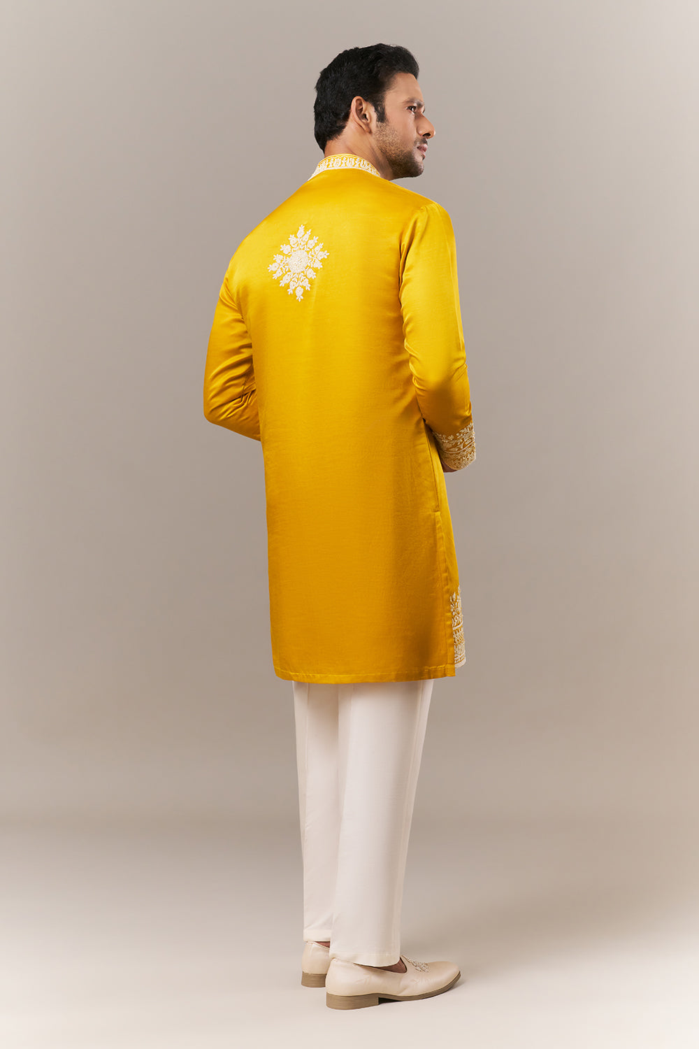 Mustard Satin Mens Kurta Set with Dori and Pearls Work