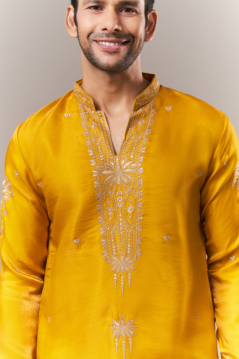 Mustard Satin Mens Kurta Set with Dori and Sequins Work