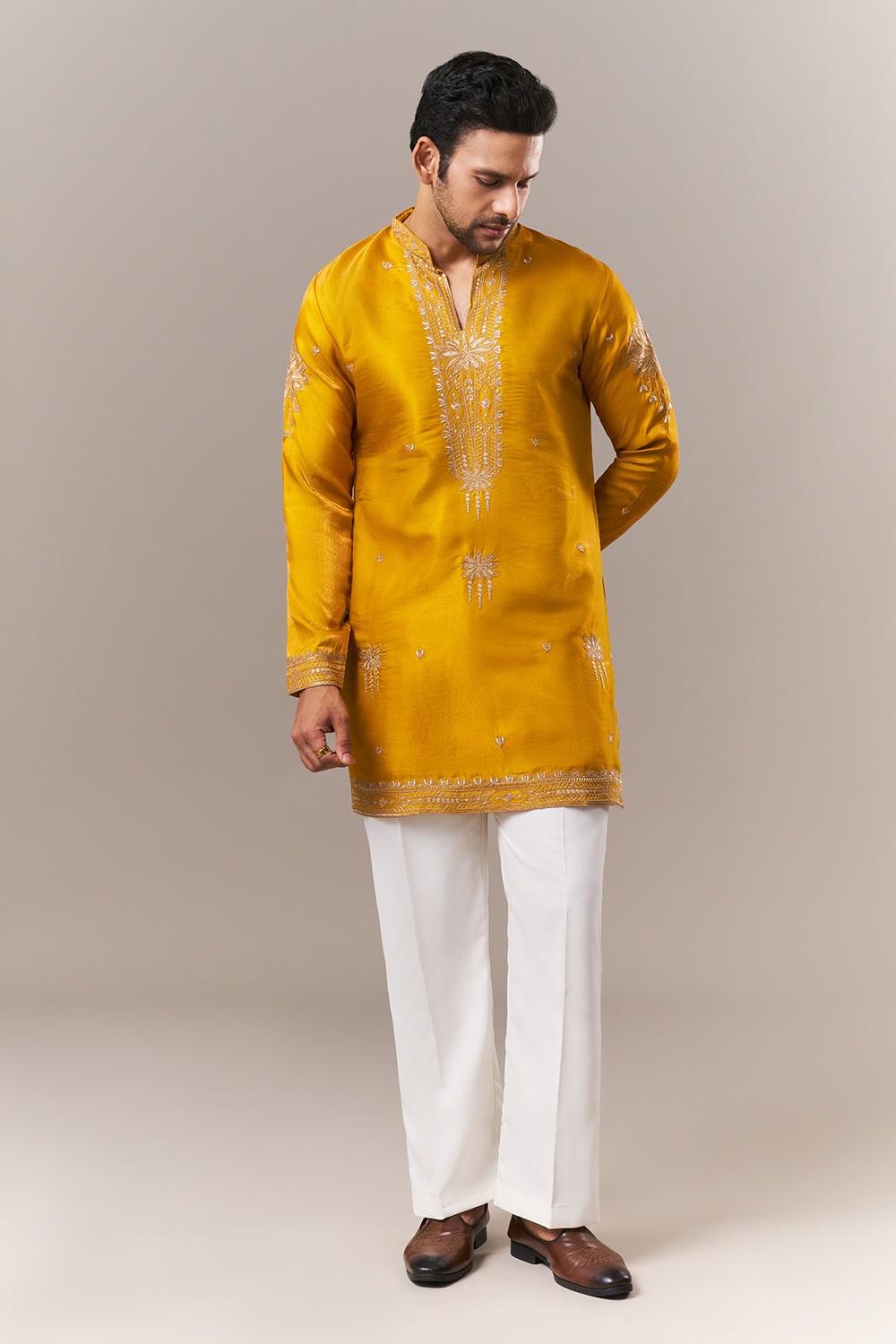 Mustard Satin Mens Kurta Set with Dori and Sequins Work