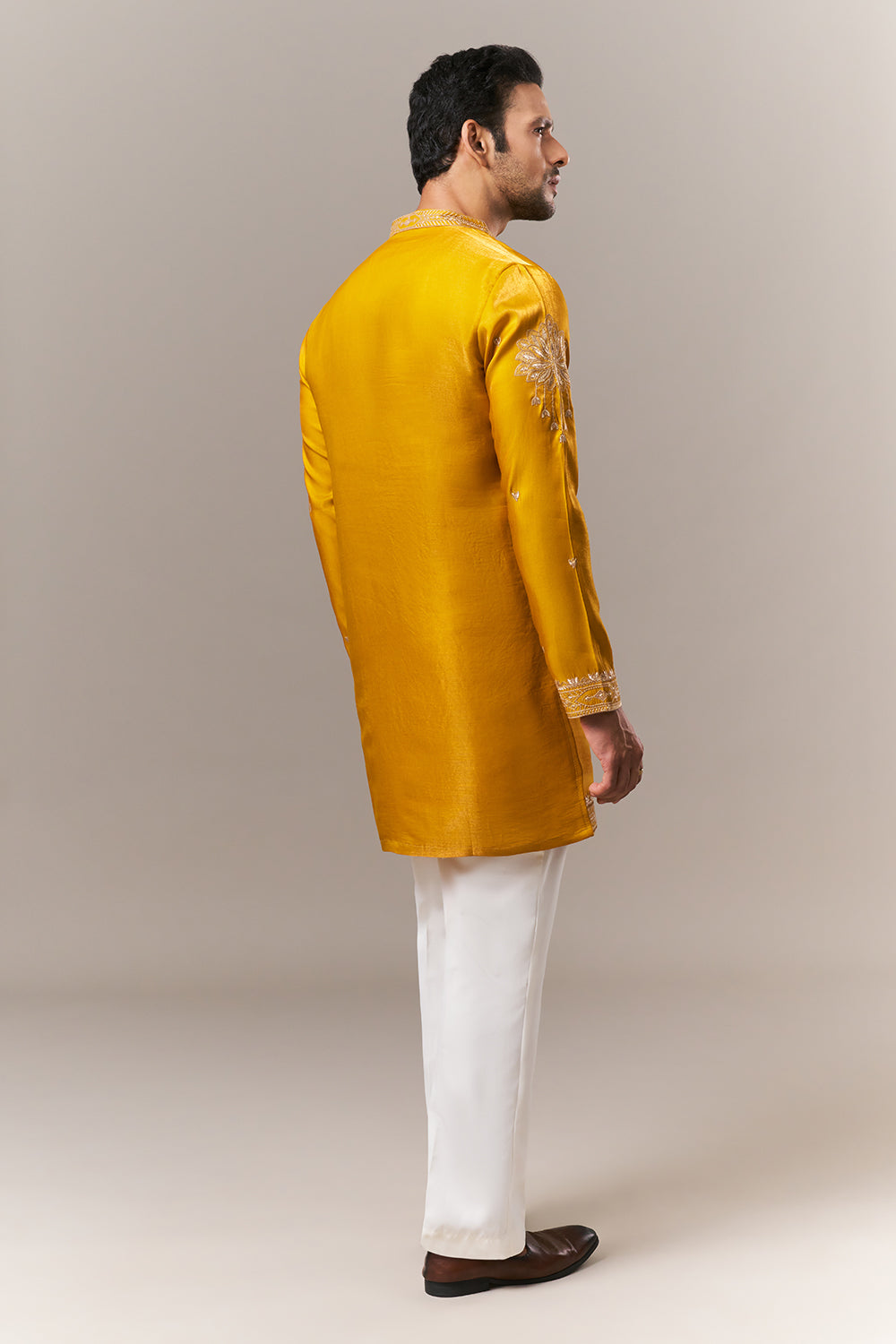 Mustard Satin Mens Kurta Set with Dori and Sequins Work