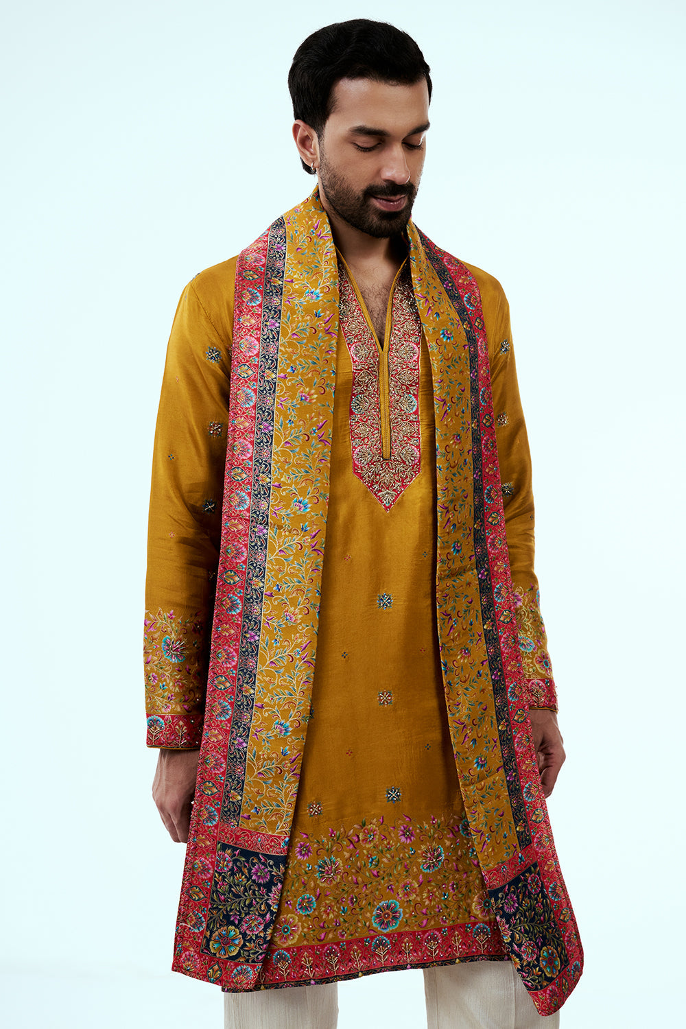 Mustard Tissue Mens Kurta Set in Resham Work with Printed Dupatta