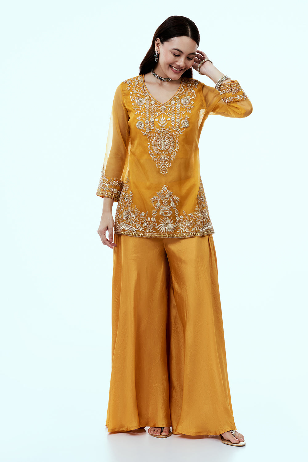 Mustard Uppada Silk Suit Set with Zardosi Work