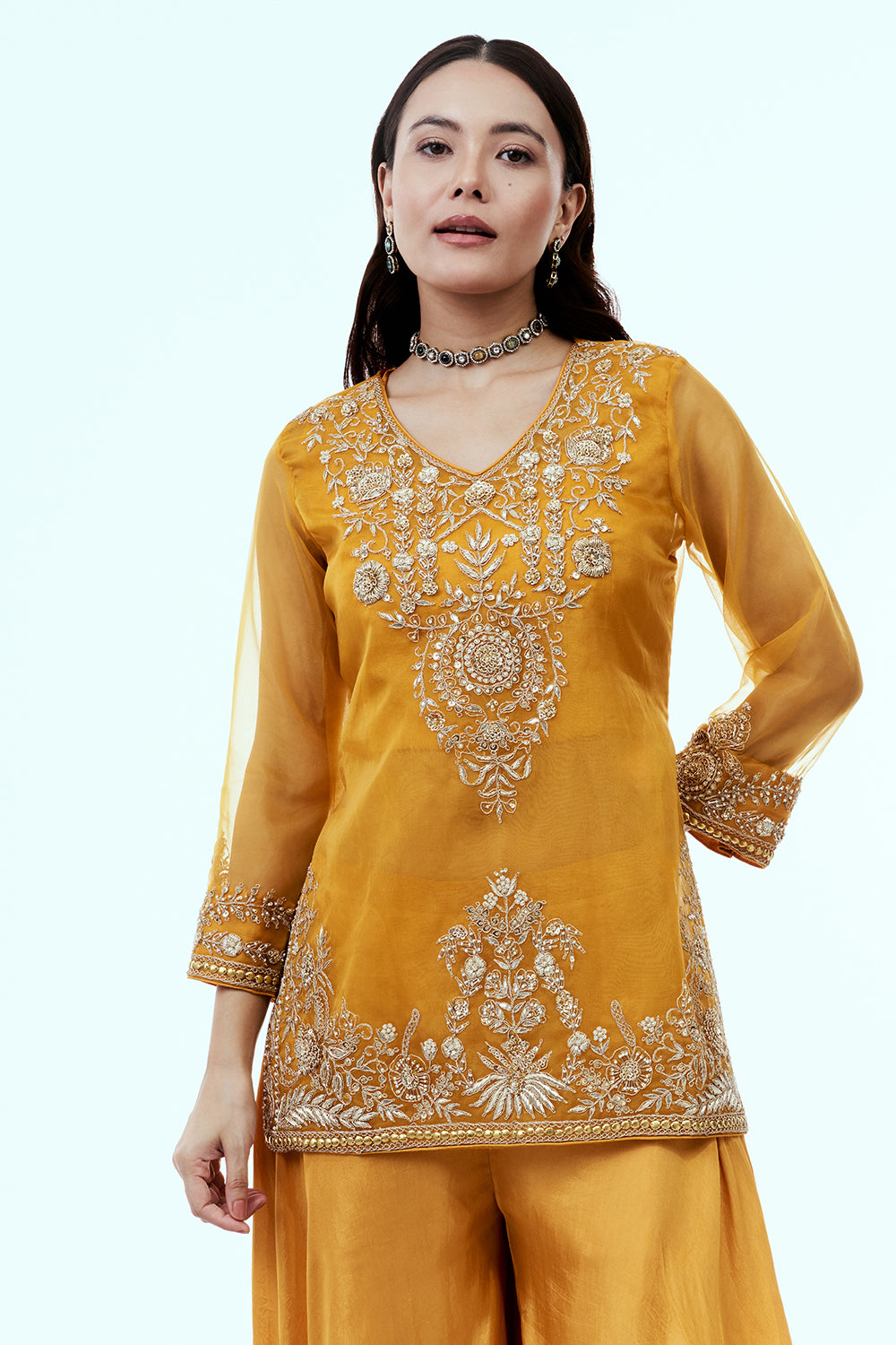 Mustard Uppada Silk Suit Set with Zardosi Work
