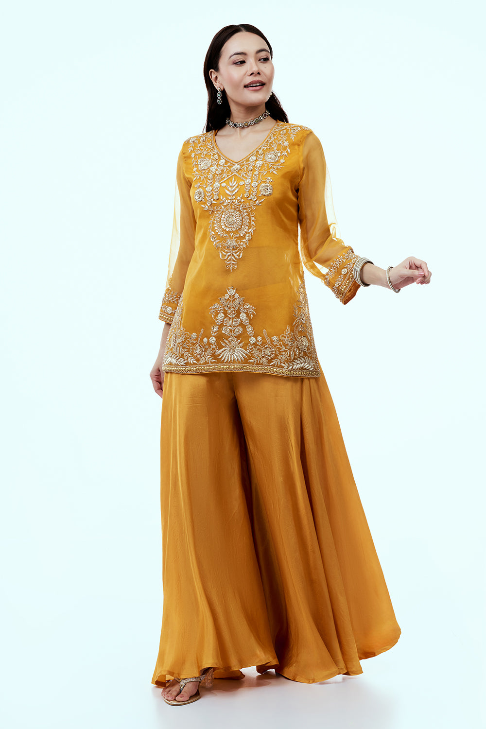Mustard Uppada Silk Suit Set with Zardosi Work