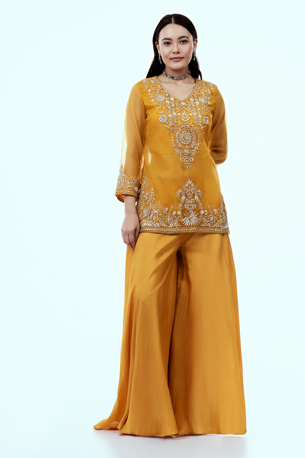 Mustard Uppada Silk Suit Set with Zardosi Work