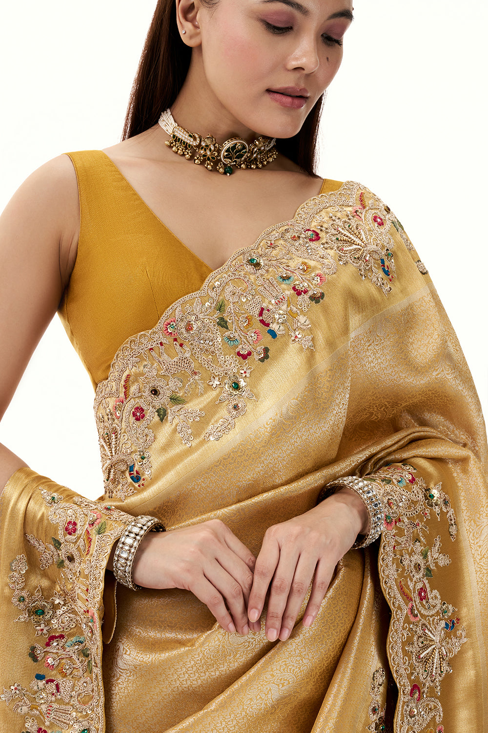 Mustard Woven Brocade Silk Saree with Zari and Resham Work