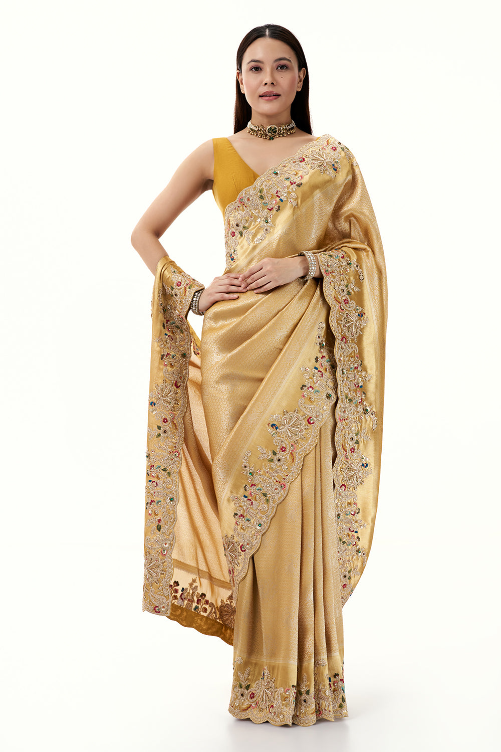 Mustard Woven Brocade Silk Saree with Zari and Resham Work