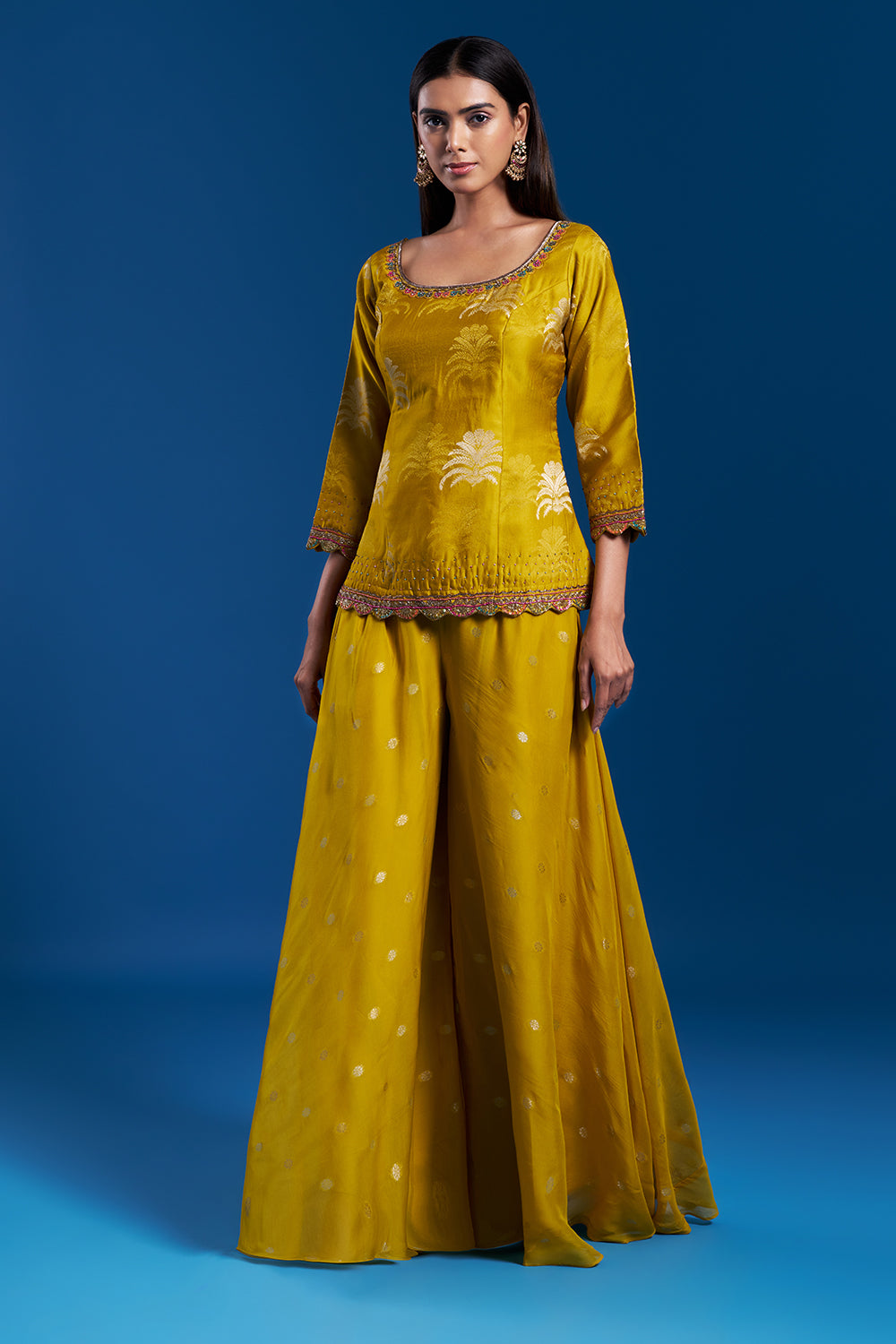 Mustard Yellow Banarasi Palazzo Set with Sequin Work