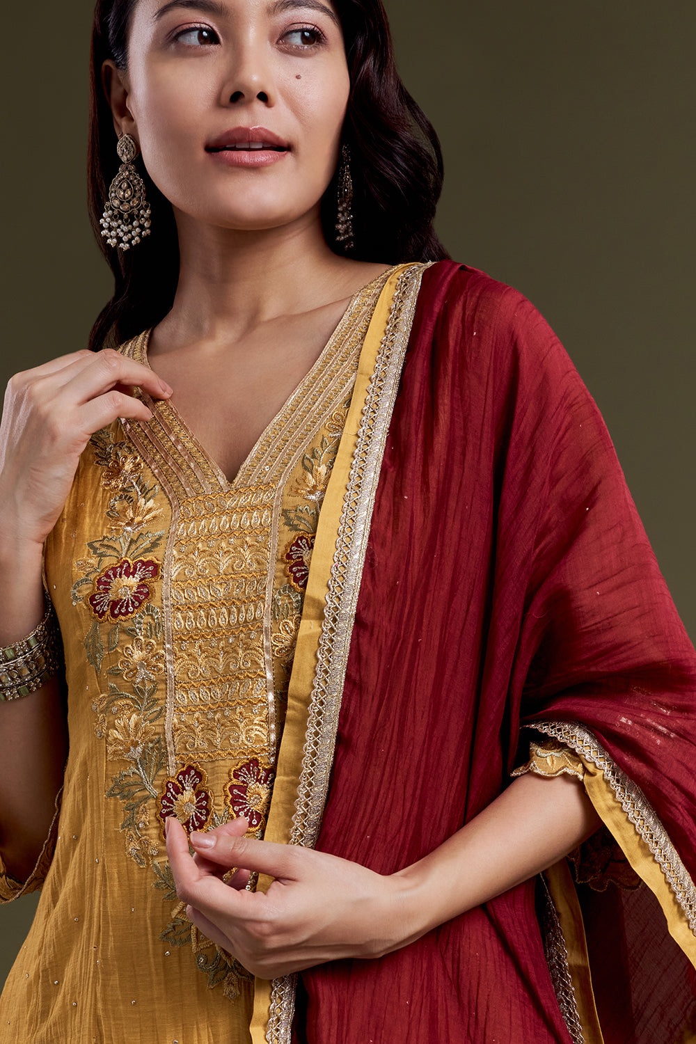 Mustard Yellow Chanderi Silk Kurta Set with Thread Work and Deep-Red Dupatta
