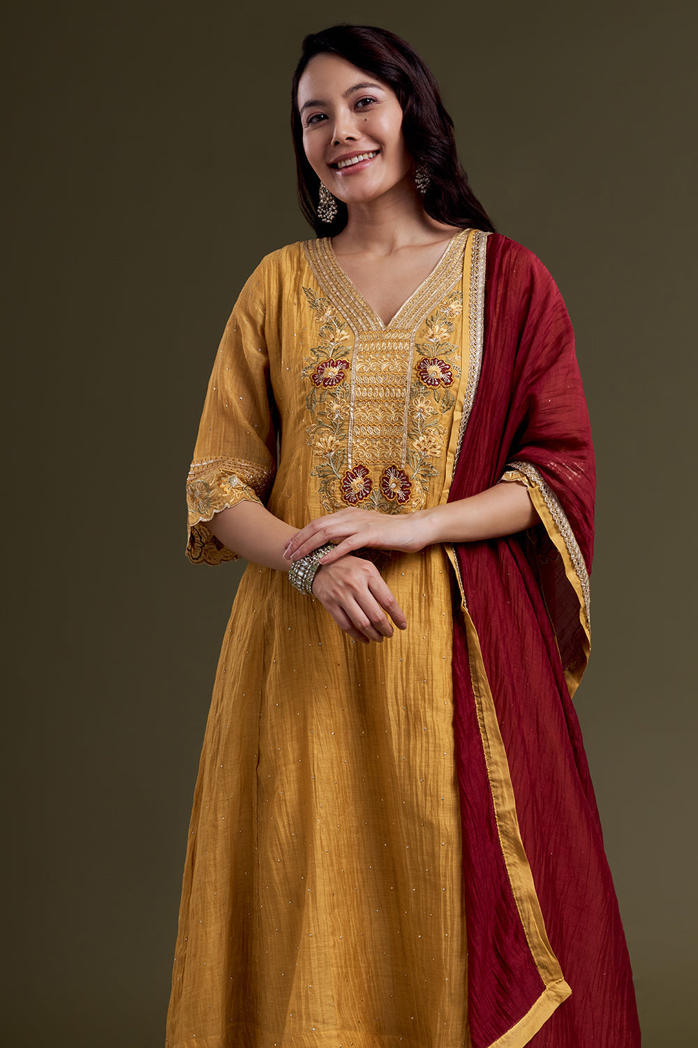 Mustard Yellow Chanderi Silk Kurta Set with Thread Work and Deep-Red Dupatta