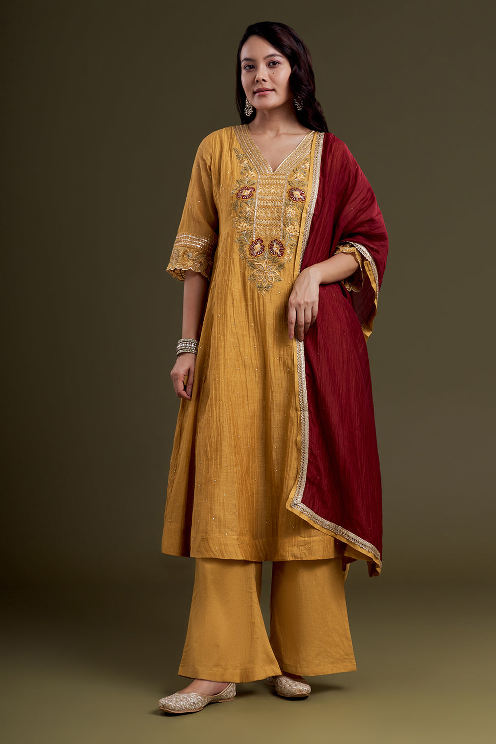 Mustard Yellow Chanderi Silk Kurta Set with Thread Work and Deep-Red Dupatta