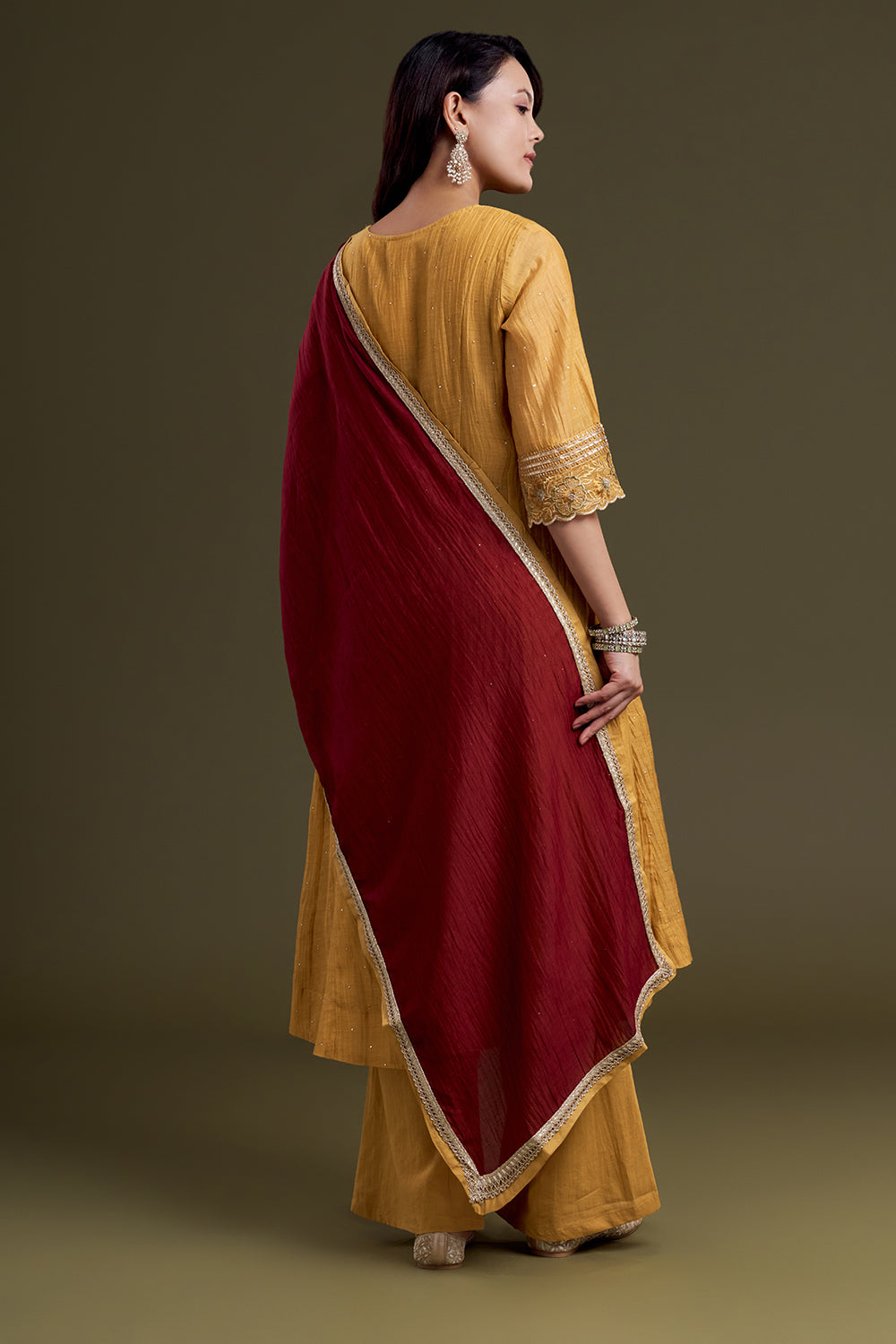 Mustard Yellow Chanderi Silk Kurta Set with Thread Work and Deep-Red Dupatta