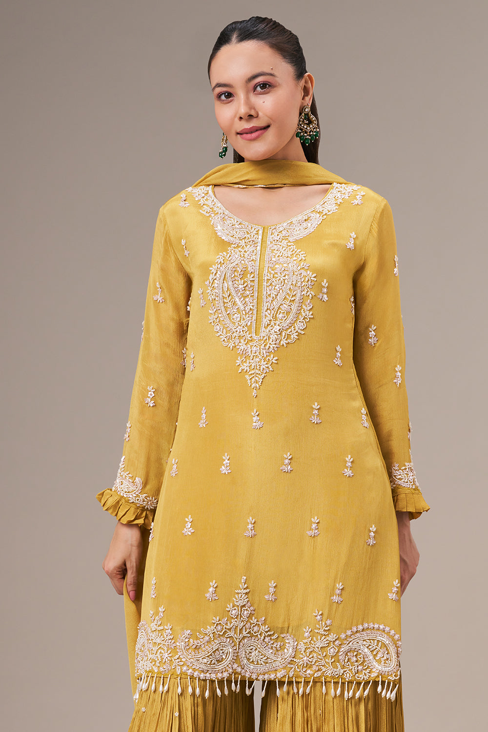 Mustard Yellow Chinon Sharara Suit with Pearl and Sequin Work