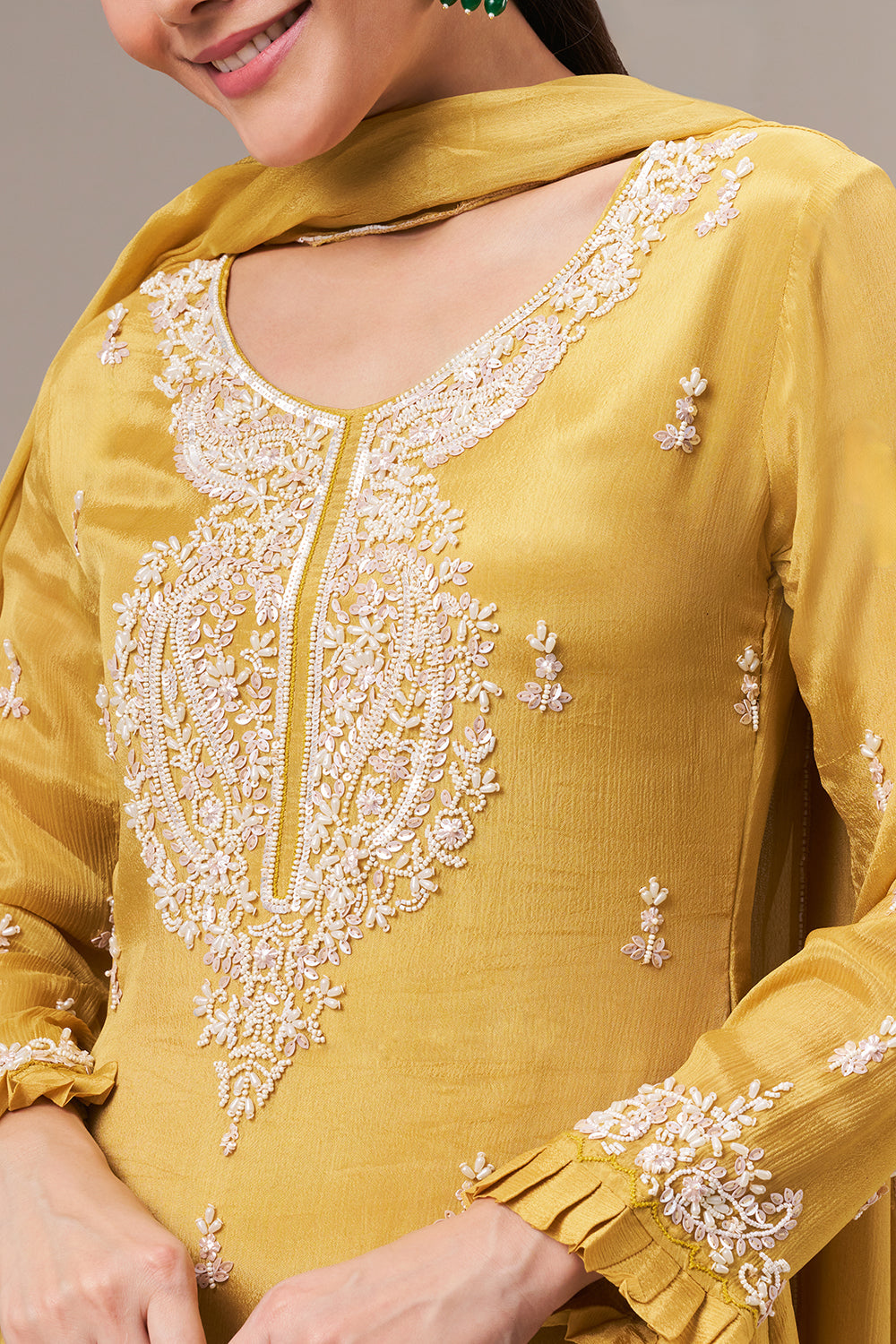 Mustard Yellow Chinon Sharara Suit with Pearl and Sequin Work