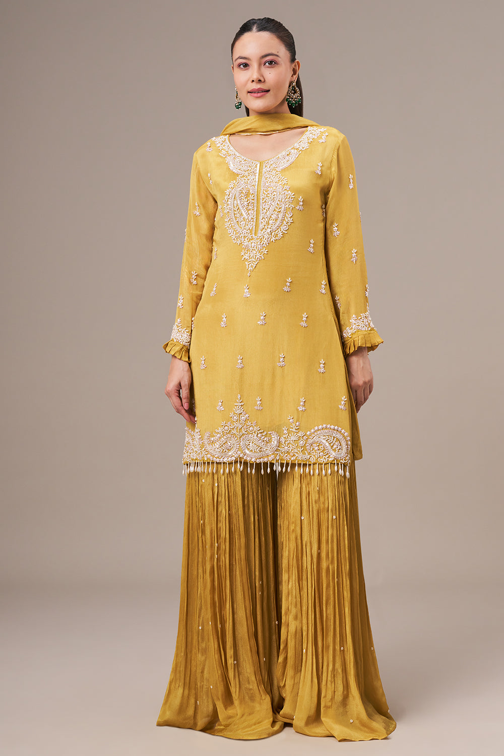 Mustard Yellow Chinon Sharara Suit with Pearl and Sequin Work