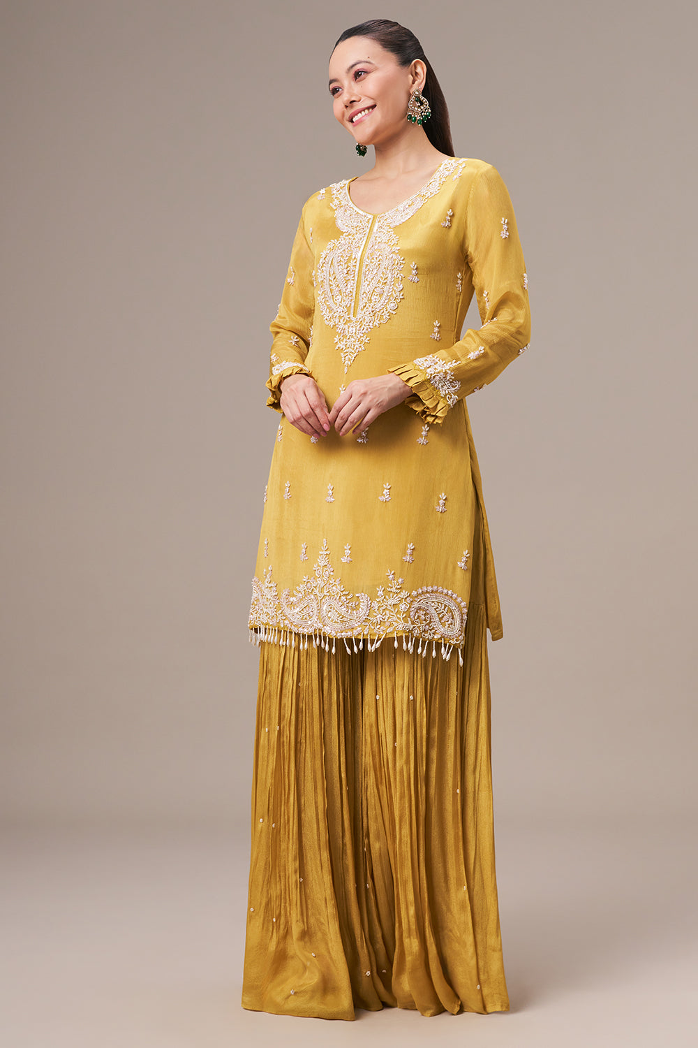 Mustard Yellow Chinon Sharara Suit with Pearl and Sequin Work