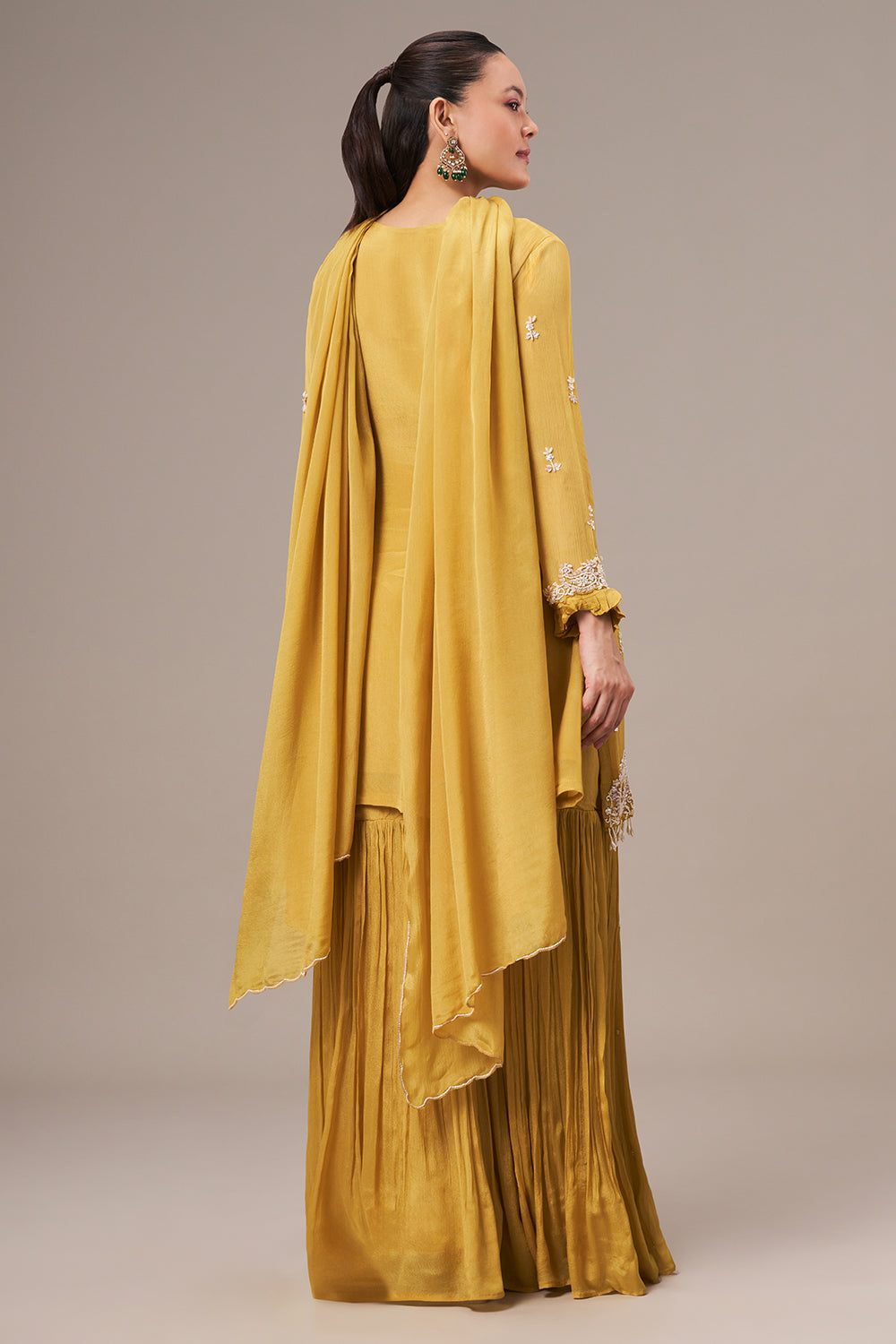 Mustard Yellow Chinon Sharara Suit with Pearl and Sequin Work