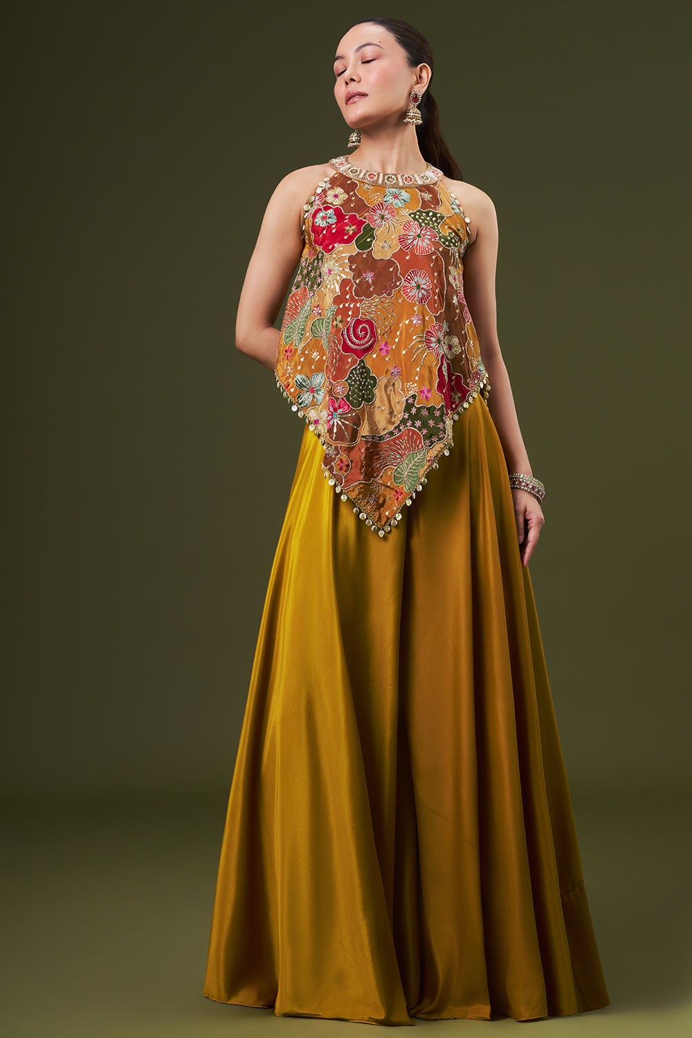 Mustard Yellow Crepe Coord Set with Sequin and Zari Work
