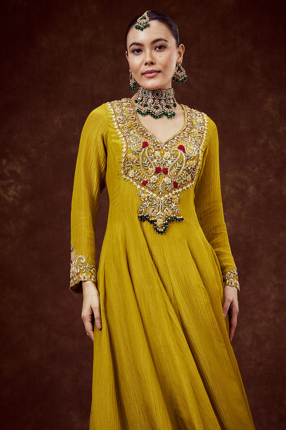 Mustard Yellow Crush Shimmer Gown with Cutdana Work