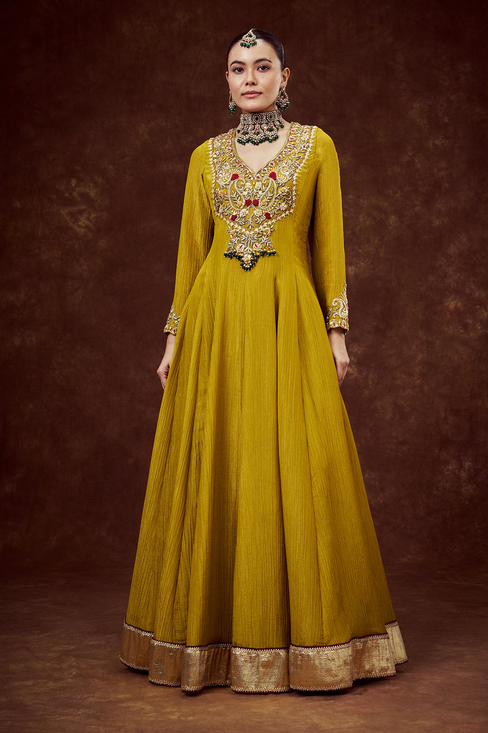Mustard Yellow Crush Shimmer Gown with Cutdana Work