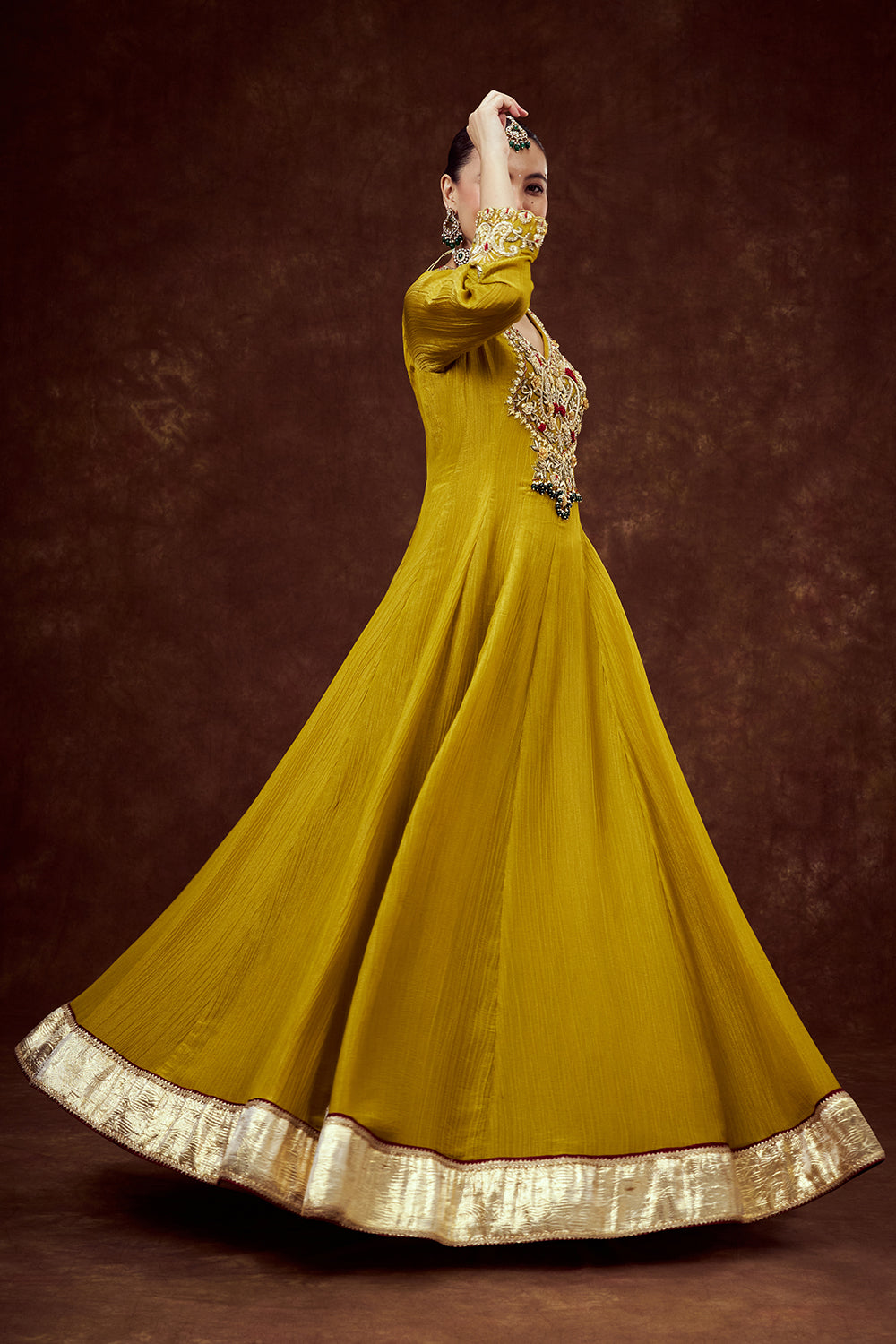 Mustard Yellow Crush Shimmer Gown with Cutdana Work