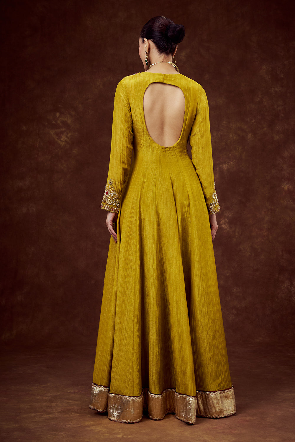 Mustard Yellow Crush Shimmer Gown with Cutdana Work