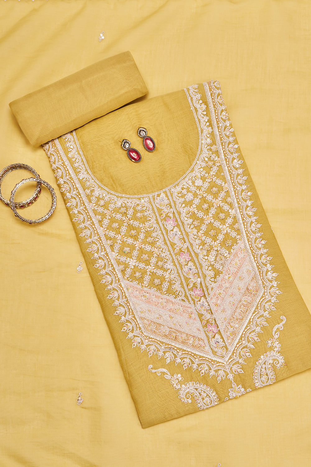 Mustard Yellow Embroidered Unstitched Suit Set
