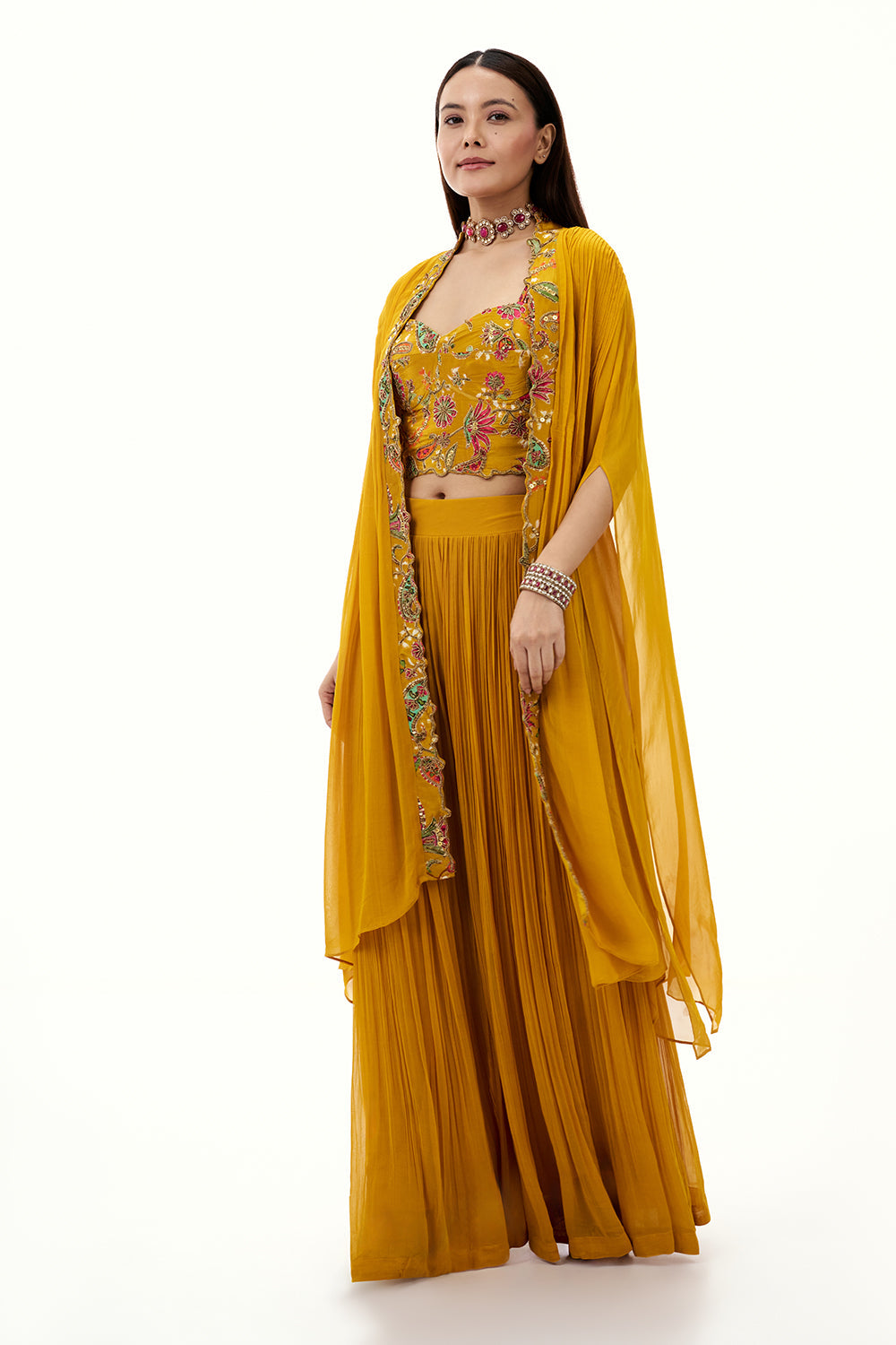 Mustard Yellow Georgette Palazzo Suit with Sequin and Bead Work