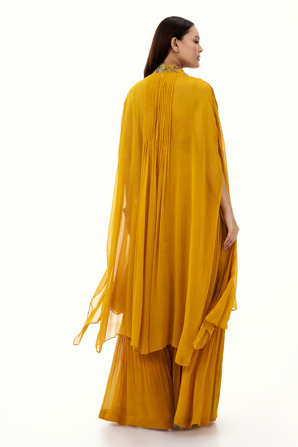 Mustard Yellow Georgette Palazzo Suit with Sequin and Bead Work