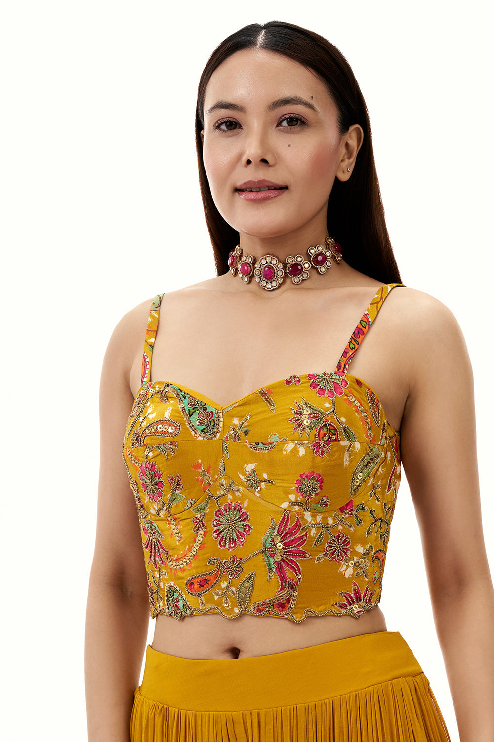 Mustard Yellow Georgette Palazzo Suit with Sequin and Bead Work