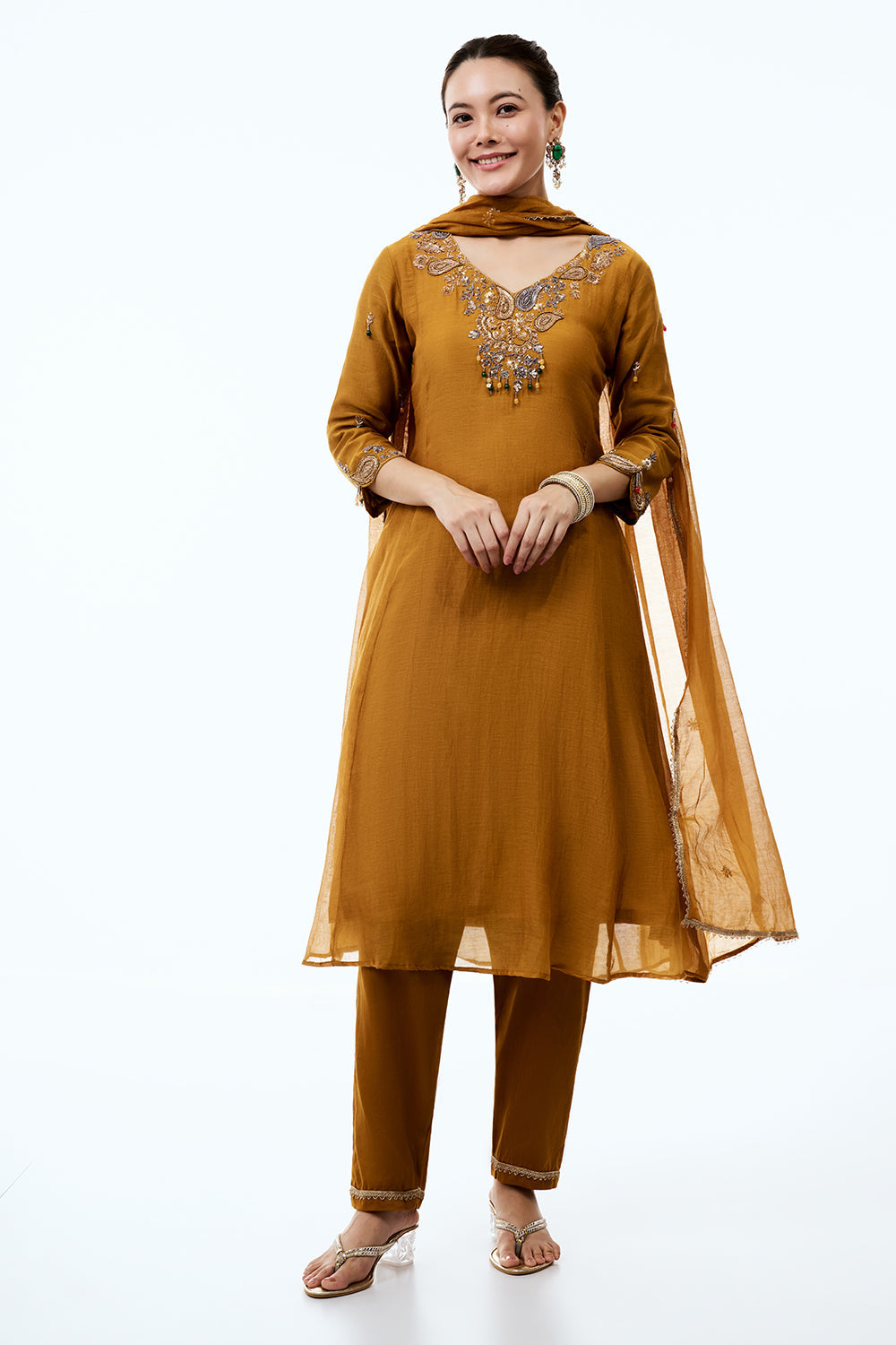 Mustard Yellow Mul Cotton Suit Set with Zari and Gotta Work