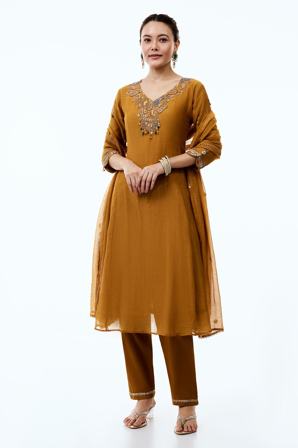 Mustard Yellow Mul Cotton Suit Set with Zari and Gotta Work
