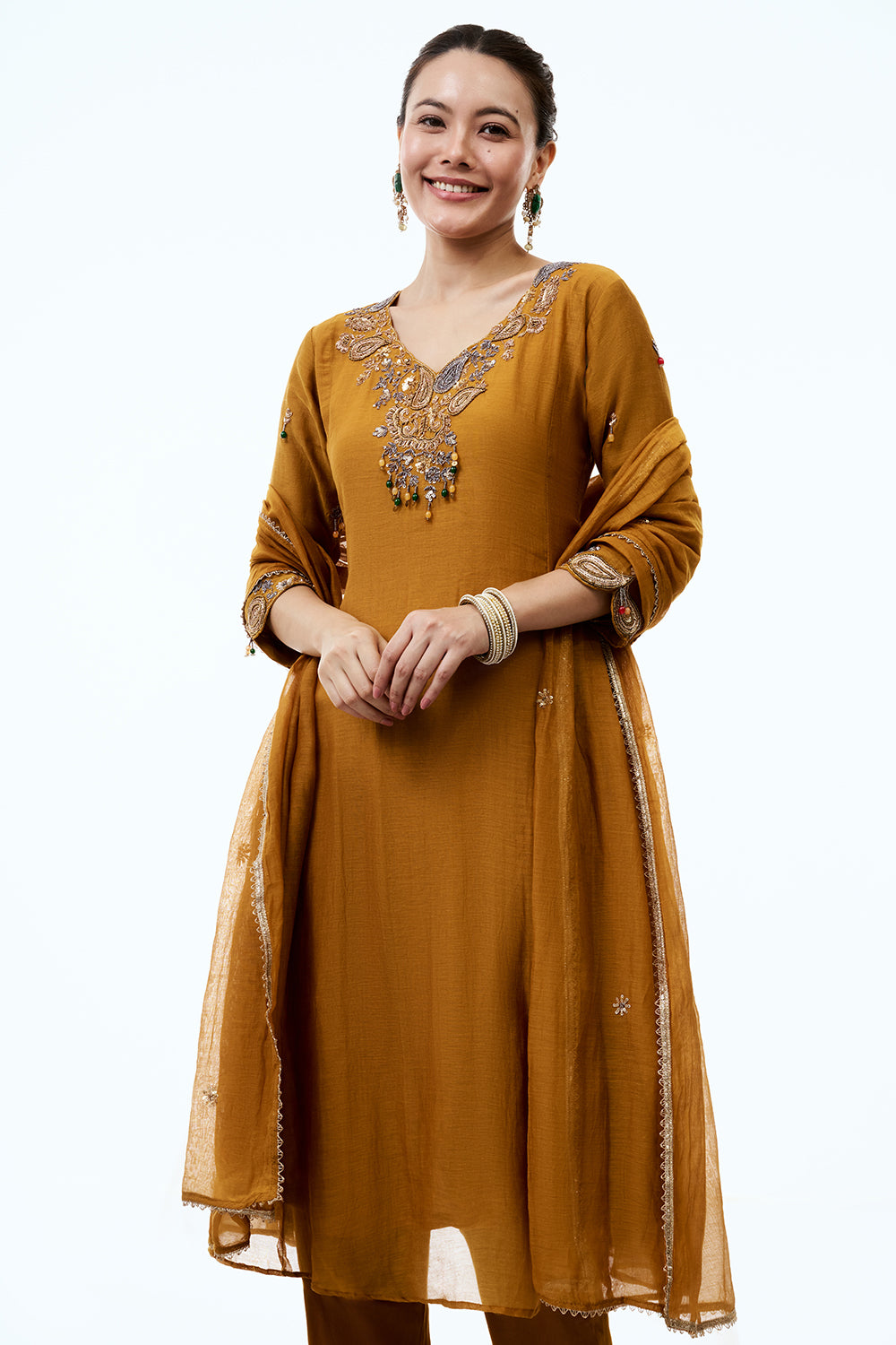 Mustard Yellow Mul Cotton Suit Set with Zari and Gotta Work