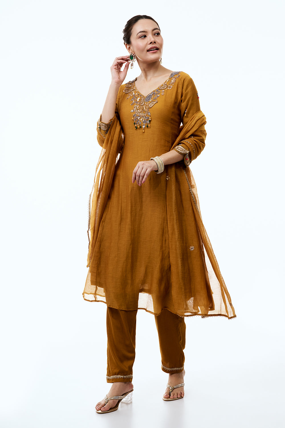 Mustard Yellow Mul Cotton Suit Set with Zari and Gotta Work