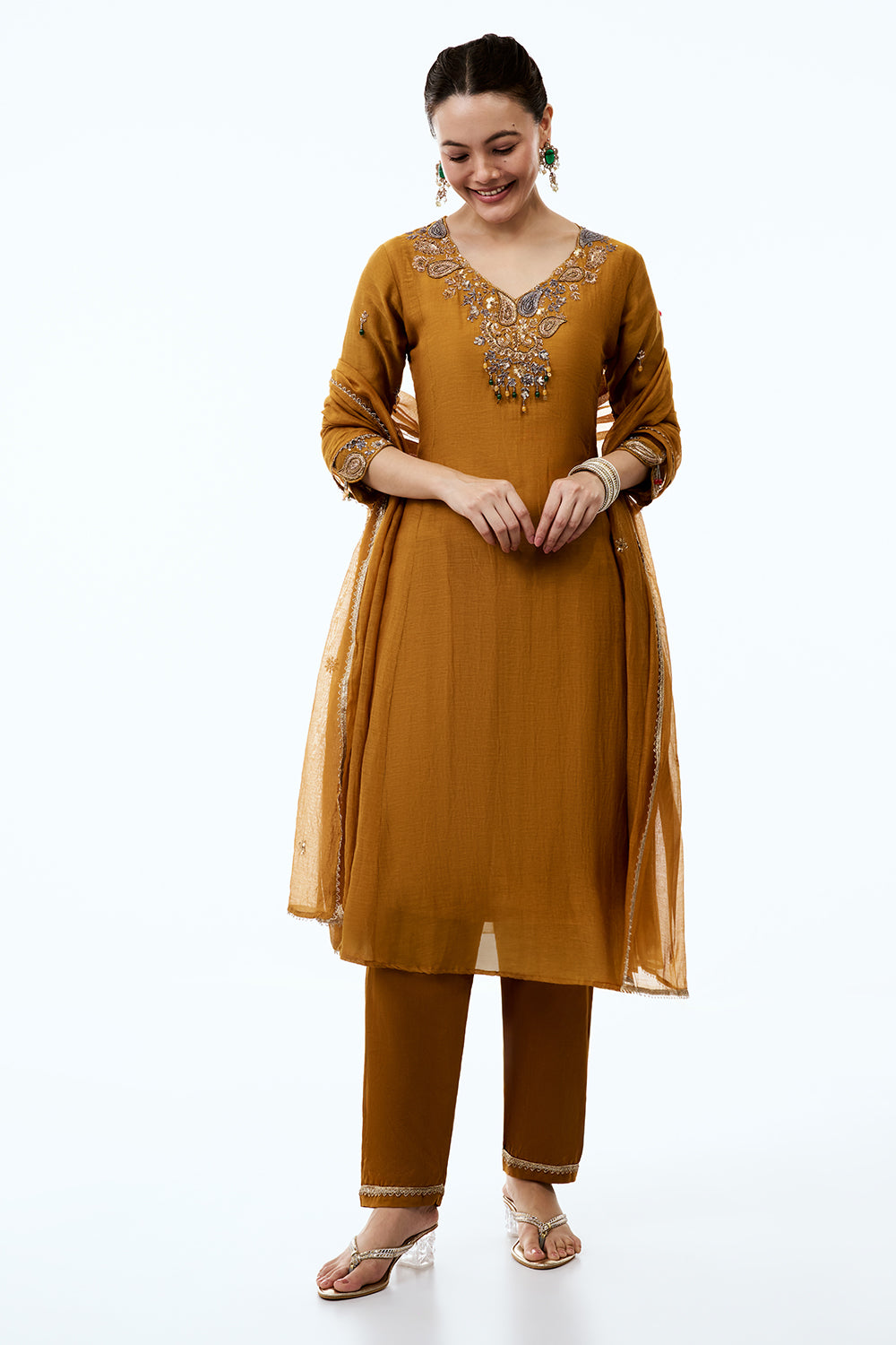 Mustard Yellow Mul Cotton Suit Set with Zari and Gotta Work